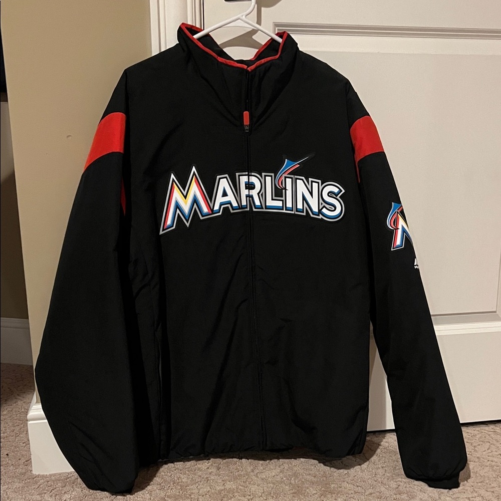 Majestic Black and Red Marlins Puffer Jacket